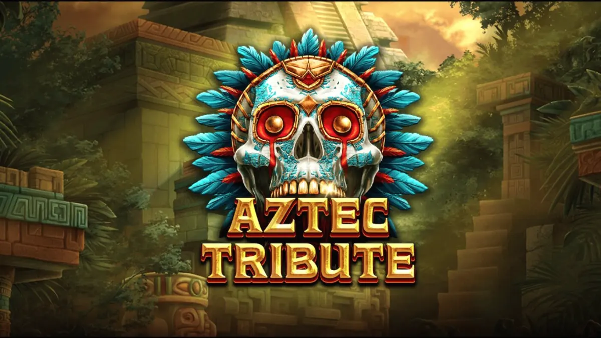 Pemandangan reruntuhan kuil Aztec di tengah hutan lebat dalam slot Aztec Tribute