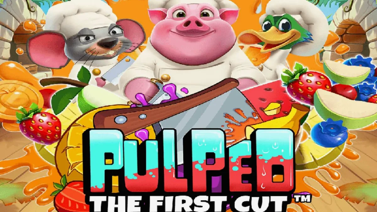 Tampilan visual slot Pulped: The First Cut dengan tema dapur tropis dan koki hewan.