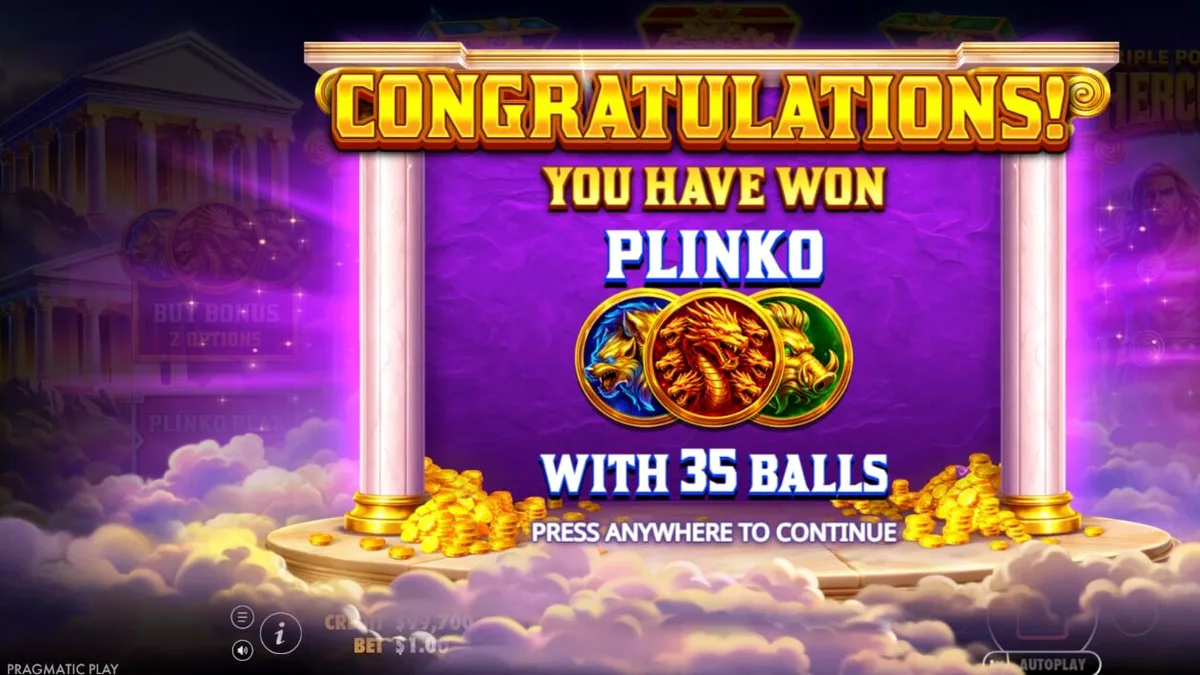 Pemandangan visual slot Triple Pot Plinko – Hercules dengan latar belakang Gunung Olympus.