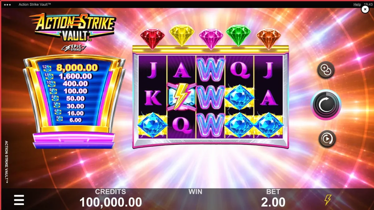 Tampilan visual slot Action Strike Vault dengan tema neon luar angkasa